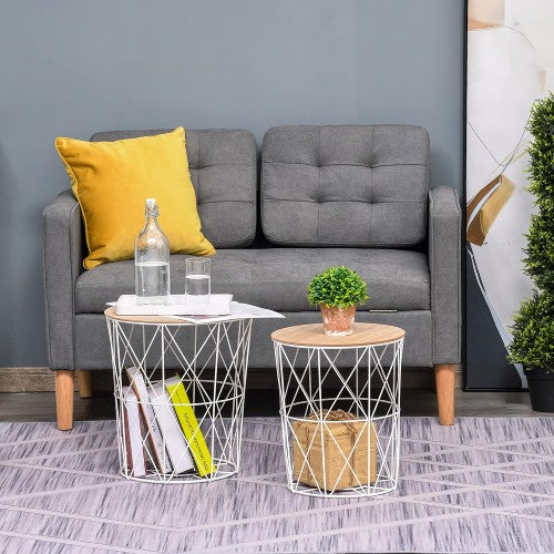 Set of 2 Nesting End Tables with Metal Storage Basket, Round Side Coffee Tables for Home, Living Room, Bedroom Set of 2 Nesting End Tables with Metal Storage Basket, Round Side Coffee Tables for Home, Living Room, Bedroom